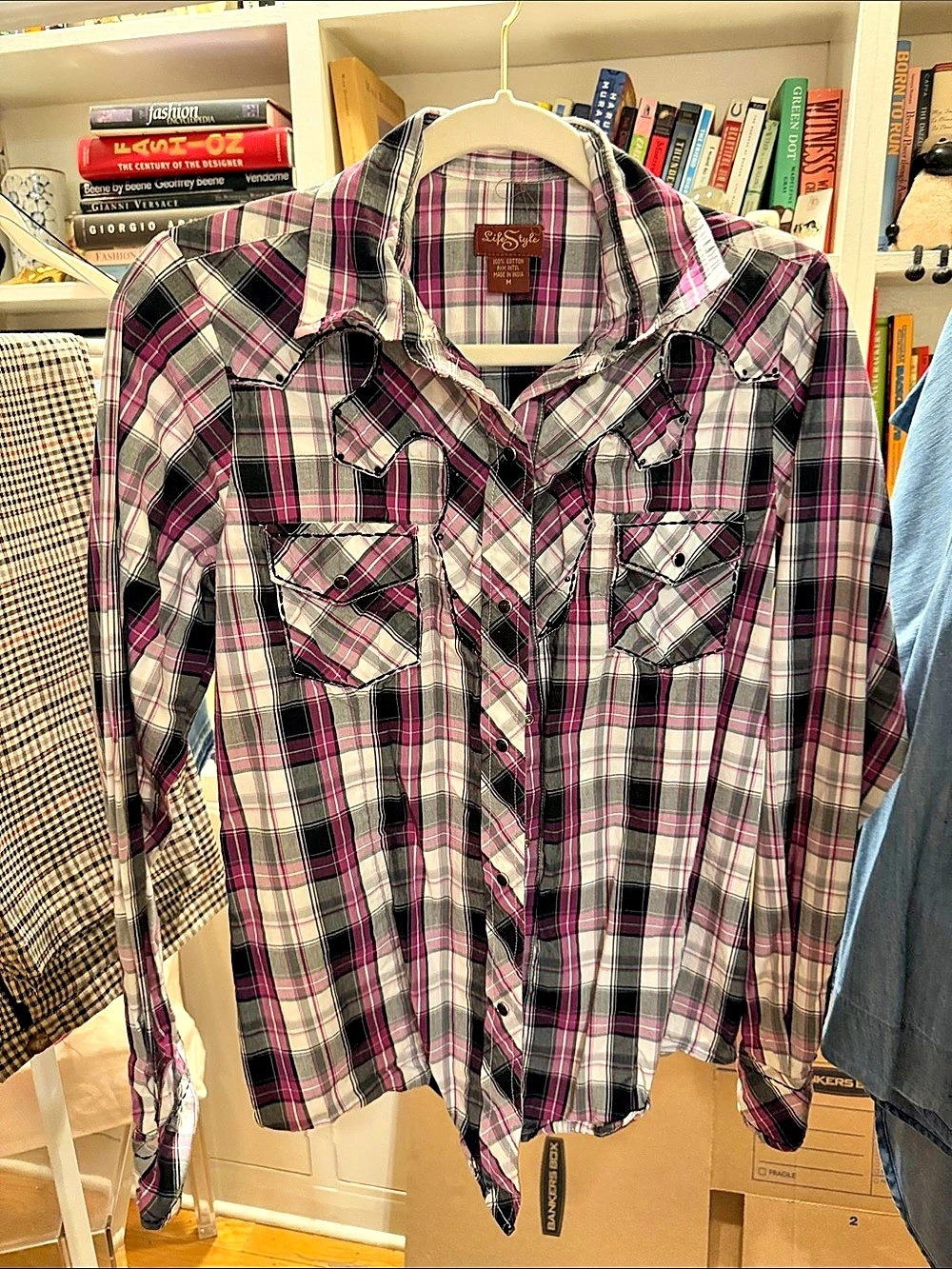 Life Style Plaid Cotton Shirt in Purple & White Size Medium